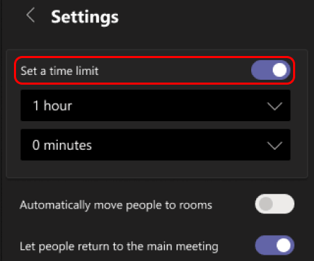 Изображението показва как да зададете времево ограничение за стаите за отделно събрание.
