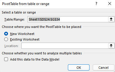 Диалогов прозорец "Създаване на обобщена таблица" в Excel за Windows, показващ избрания диапазон от клетки и опциите по подразбиране.