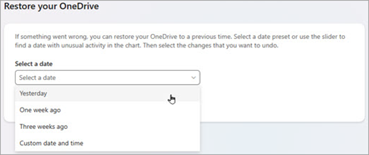 Възстановете своя OneDrive, като изберете диапазон от дати.