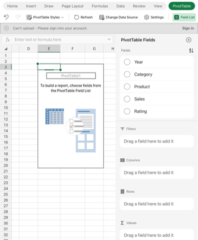 Екранна снимка как изглежда обобщена таблица, която се вмъква в Excel за iPad.