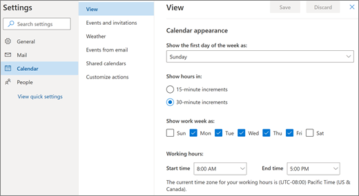 Промяна на настройките в календара на Outlook в уеб