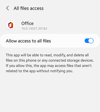 Разрешаване на достъп до настройката за всички файлове в приложението Microsoft Office за Android