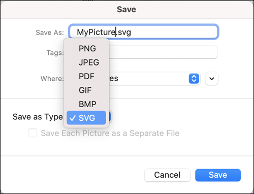 Диалогов прозорец "Запиши като" Outlook 2021 for Mac с избрана SVG опция