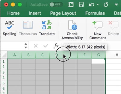 Екранна снимка, показваща как да използвате мишката, за да преоразмерите ширините на колоните в Excel