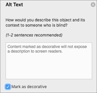Избрано квадратче за отметка "Маркиране като декоративен" в екрана за алтернативен текст на Word for Mac.