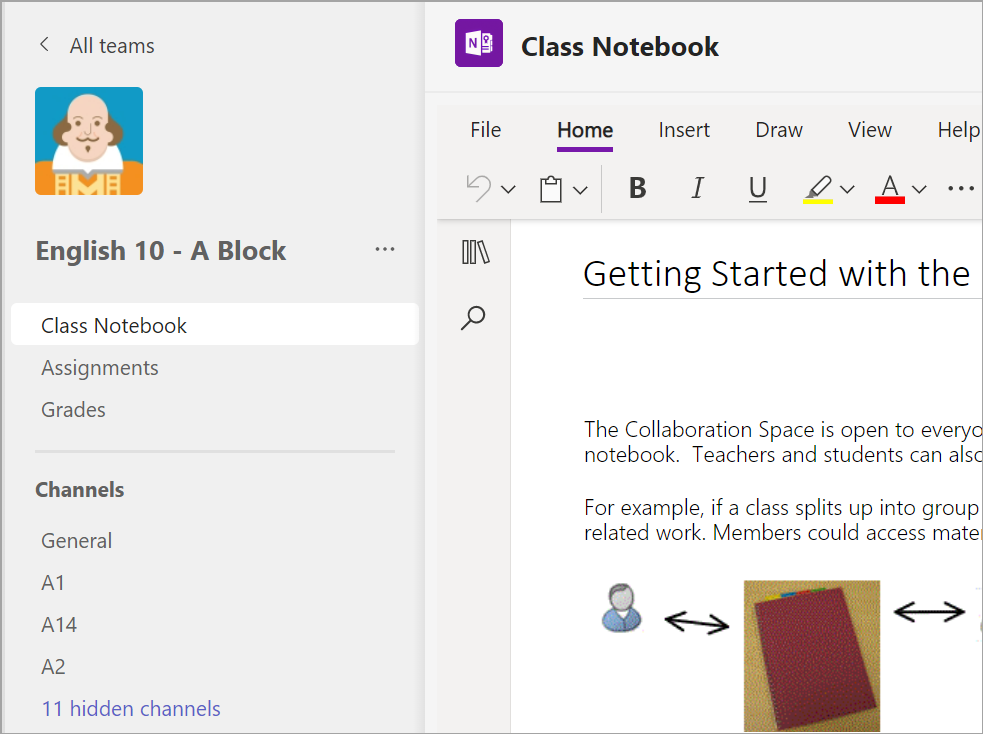 Екранна снимка на целевата страница от раздела "Бележник на класа" в екип на клас в Microsoft Teams за образование