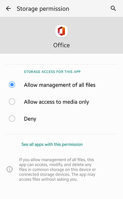 Разрешаване на управлението на всички файлове настройка в приложението Microsoft Office за Android