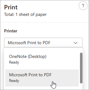 Екранна снимка, показваща избор на "Печат в PDF" на Microsoft