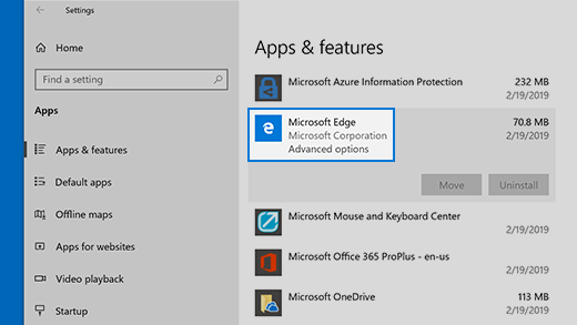 Microsoft Edge разширени опции за възстановяване