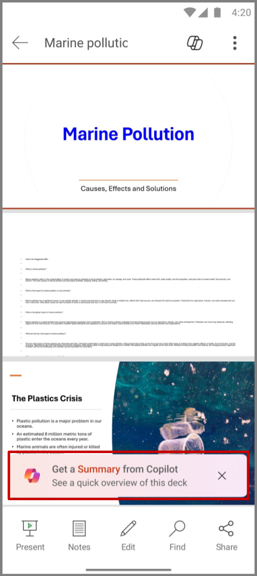 Екранна снимка на Copilot в PowerPoint на устройство с Android с подкана за Copilot: „Получаване на резюме от Copilot“