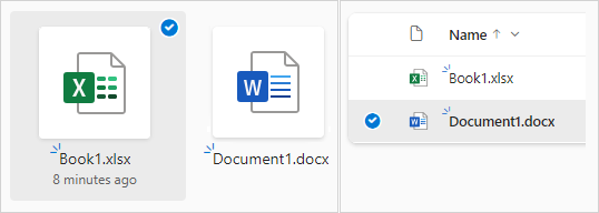 Екранна снимка на избирането на файл в OneDrive в изглед с плочки