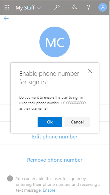 Snímek obrazovky s nápisem "Enable phone number for sign in? (Povolit telefonní číslo pro přihlášení?