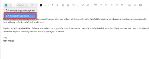 Možnost nabídky pro Koučování Copilotem v Outlooku pro Mac