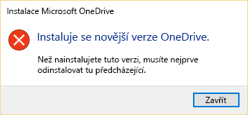 Chybová zpráva informující o tom, že máte nainstalovanou novější verzi OneDrivu.