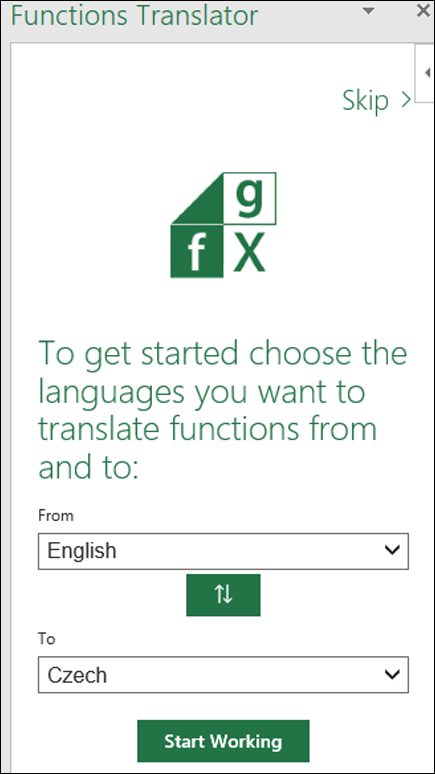 Podokno nastavení jazyka v doplňku Functions Translator