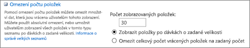 Stránka pro nastavení zobrazení – nastavení počtu položek, které se mají zobrazit