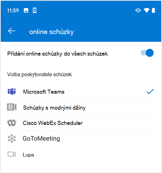 Výběr výchozího poskytovatele online schůzek v Outlooku na Androidu