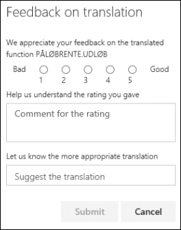Podokno pro zadání názoru na doplněk Functions Translator