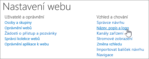 Nastavení webu s vybraným názvem, popisem, logem