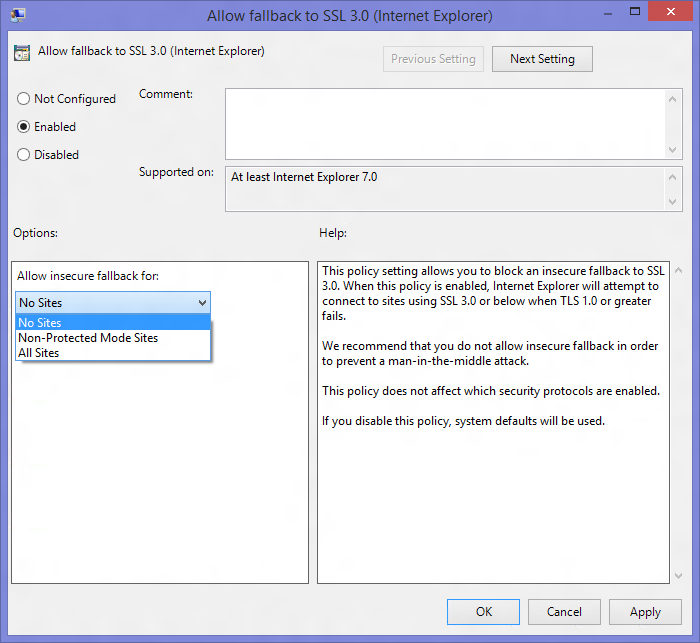 Povolit náhradní připojení k SSL 3.0 (Internet Explorer) 