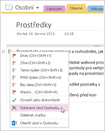 Snímek obrazovky s postupem pro odstranění úlohy Outlooku ve OneNotu 2016