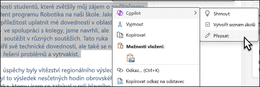 Nějaký text vybraný ve OneNotu. Zobrazí se místní nabídka s vybranou možností Copilot a v podnabídce je vybraná možnost Přepsat.