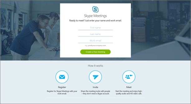 Registrační stránka aplikace Skypové schůzky