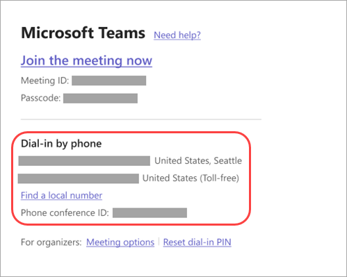 Snímek obrazovky znázorňující, kde můžete zavolat do schůzky v Teams