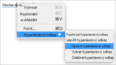 Zobrazuje možnost Upravit hypertextový odkaz v nabídce hypertextový odkaz.