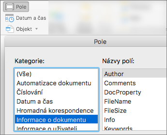 Snímek obrazovky s kódy polí filtrovanými podle kategorie Informace o dokumentu