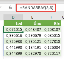 Funkce RANDARRAY v programu Excel. RANDARRAY(5,3) vrátí náhodné hodnoty mezi 0 a 1 v poli, které má 5 řádků na výšku a 3 na šířku.
