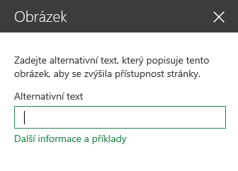 Snímek obrazovky s dialogem přidání alternativního textu k obrázku na SharePointu