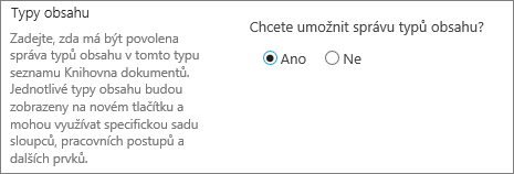 Tlačítko Povolit správu typů obsahu v části Upřesnit nastavení