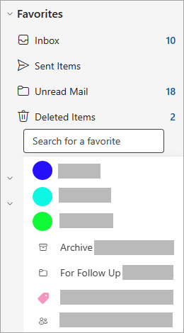 Snímek obrazovky s přidáním nové oblíbené položky v Outlooku