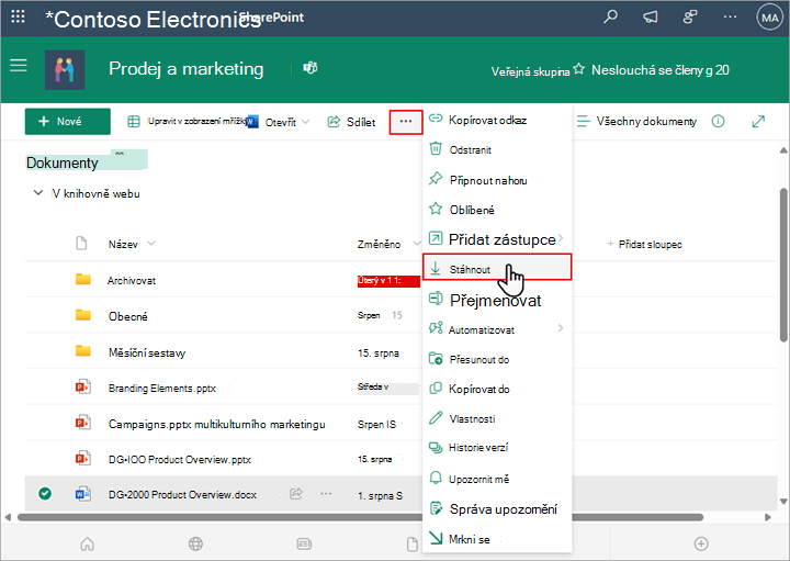 Pomocí příkazu Stažení sharepointu stáhněte a uložte místní kopii souboru nebo složky.