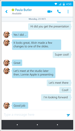 Obrazovka konverzace ve Skypu pro firmy pro Android