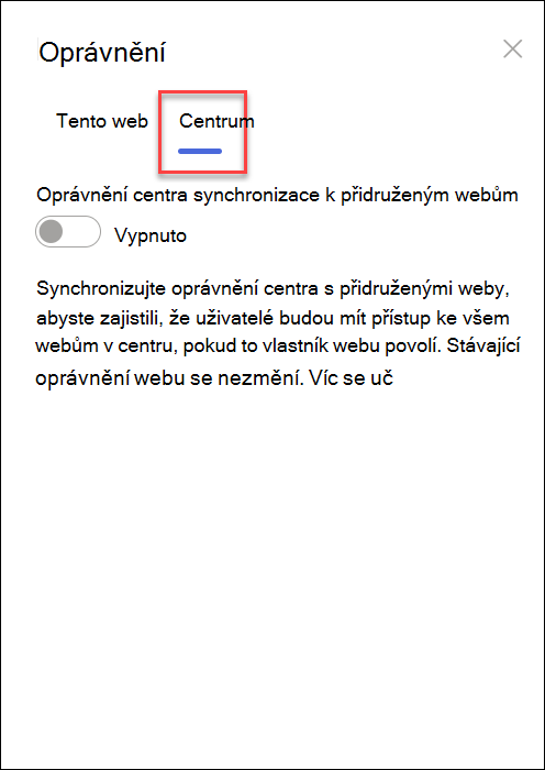 snímek obrazovky se zapnutím oprávnění k synchronizaci centra