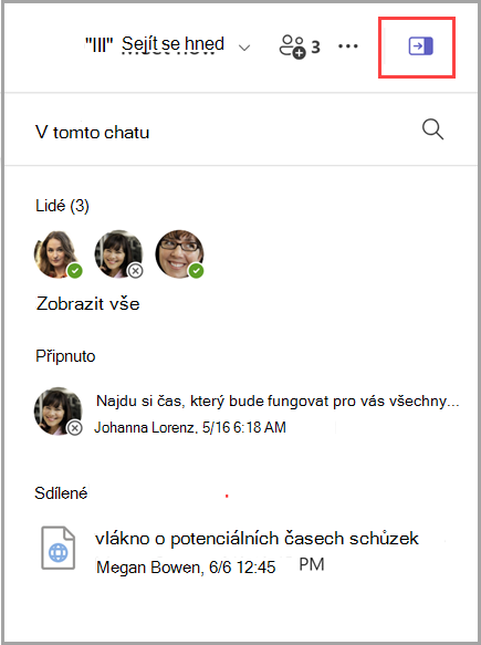 Snímek obrazovky znázorňuje, jak zobrazit podokno s informacemi o chatu, které obsahuje seznam 3 osob, 1 připnutou zprávu a 1 sdílený dokument