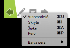 Snímek obrazovky znázorňuje možnosti, které jsou k dispozici pro ukazatel použitý v prezentaci. Možnosti jsou Automatické, Skryté, Šipka, Pero a Barva pera.