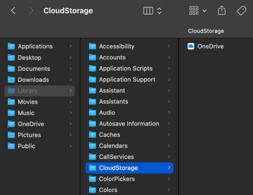 Snímek obrazovky s Finderem pro macOS zobrazující OneDrive umístění