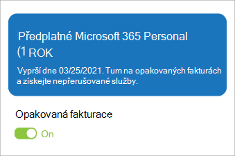 Zobrazuje Microsoft 365 pro jednotlivce předplatné se zapnutou opakovanou fakturací.