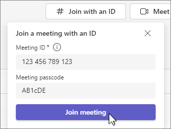 Dialogové okno Připojit se ke schůzce pomocí ID a hesla