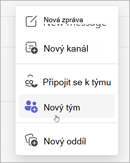 Snímek obrazovky s možností vytvořit nový tým Zobrazí se po výběru možnosti nové položky.