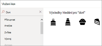Stránka Vložení ikon se slovem „dort“ ve vyhledávacím poli a zobrazenými 4 různými ikonami dortíků