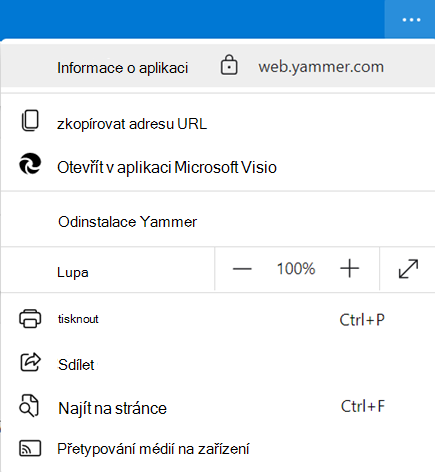 Snímek obrazovky s informacemi o aplikaci Yammer Desktop