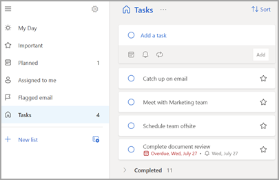Snímek obrazovky zobrazující seznam úkolů Outlooku na pravé straně