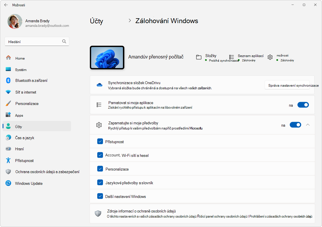 Snímek obrazovky s nastavením > účty > zálohováním Windows v Windows 11