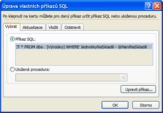 Dialogové okno Upravit vlastní příkazy SQL s příkazem SQL