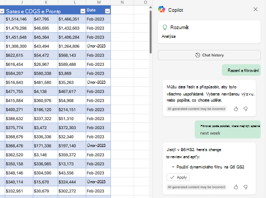 Snímek obrazovky znázorňující, jak filtrovat data pomocí funkce Copilot v Excelu.