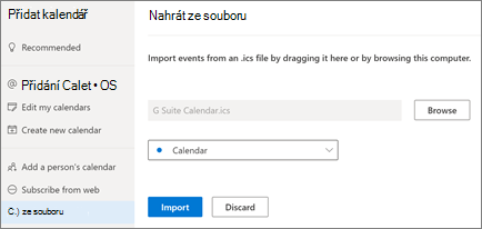 Nahrání kalendáře v Outlook na webu